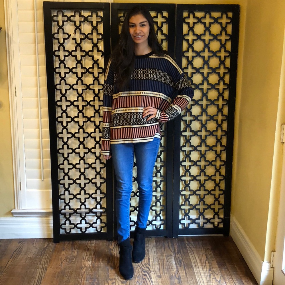 BLUE BLK CREWNECK STRIPE SWEATER - Picture 2 of 6